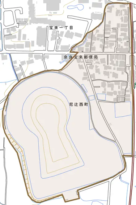 尼辻西町とその周辺の地図。町の範囲を重ねている