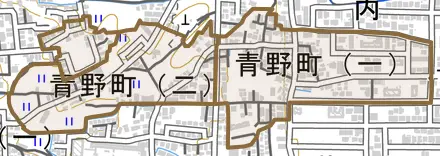 青野町とその周辺の地図。町の範囲を重ねている
