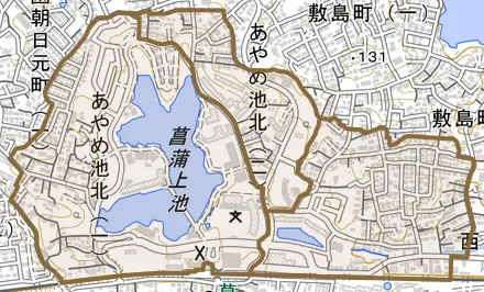 あやめ池北とその周辺の地図。町の範囲を重ねている