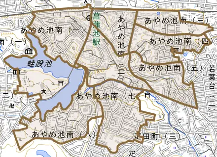 あやめ池南とその周辺の地図。町の範囲を重ねている