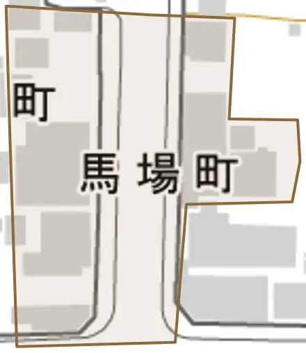 馬場町とその周辺の地図。町の範囲を重ねている