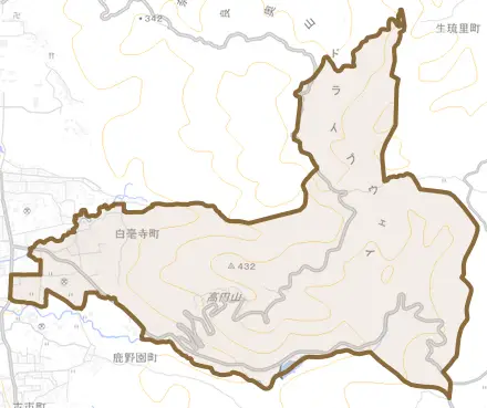 白毫寺町とその周辺の地図。町の範囲を重ねている