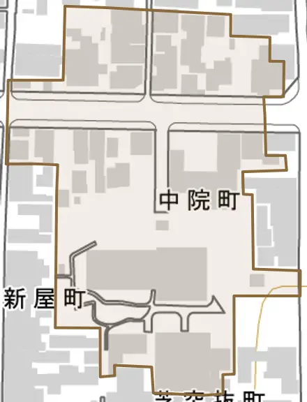 中院町とその周辺の地図。町の範囲を重ねている