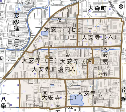 大安寺とその周辺の地図。町の範囲を重ねている