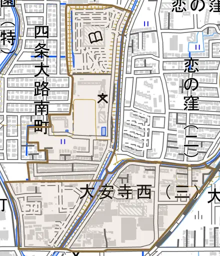 大安寺西とその周辺の地図。町の範囲を重ねている