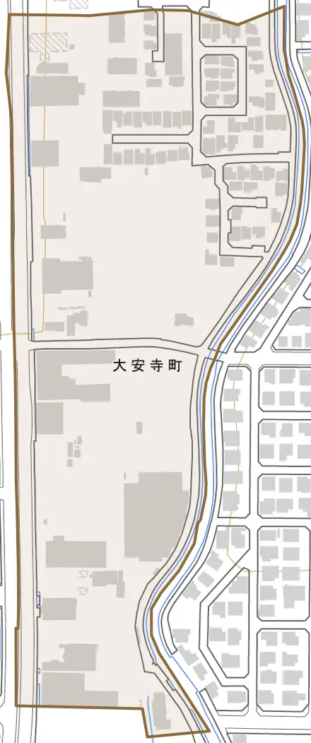 大安寺町とその周辺の地図。町の範囲を重ねている