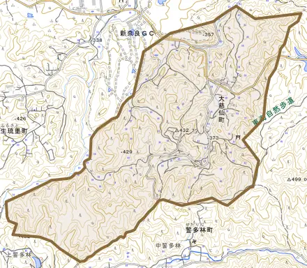 大慈仙町とその周辺の地図。町の範囲を重ねている
