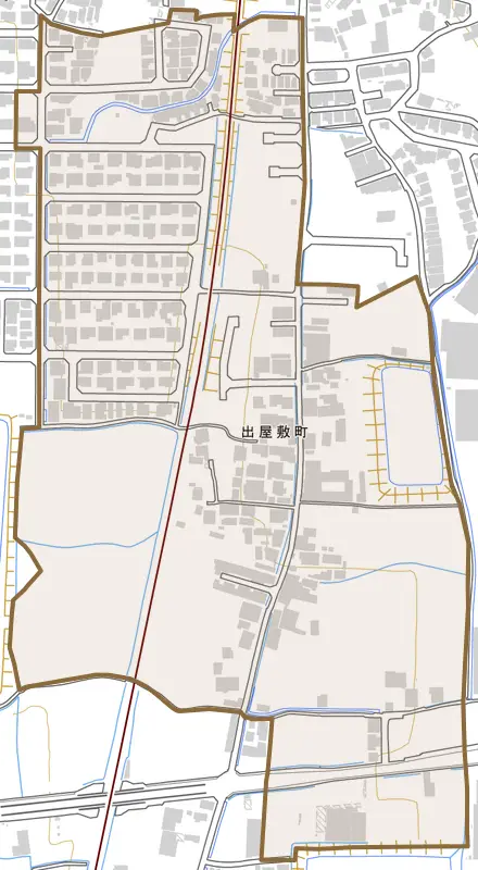 出屋敷町とその周辺の地図。町の範囲を重ねている