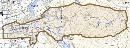 藤原町とその周辺の地図。町の範囲を重ねている