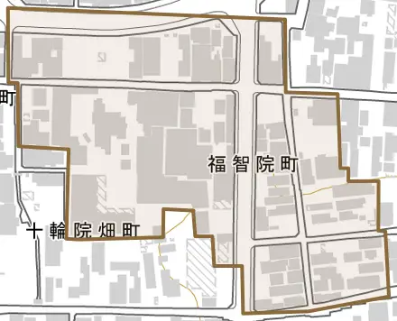 福智院町とその周辺の地図。町の範囲を重ねている
