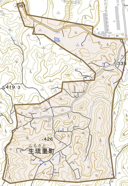生琉里町とその周辺の地図。町の範囲を重ねている