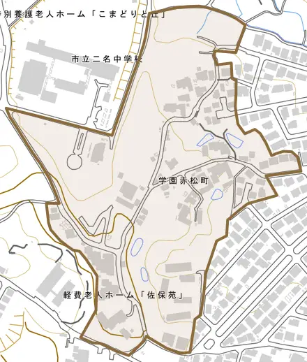 学園赤松町とその周辺の地図。町の範囲を重ねている