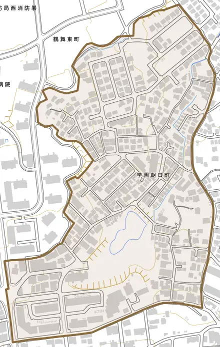 学園朝日町とその周辺の地図。町の範囲を重ねている