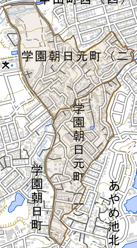 学園朝日元町とその周辺の地図。町の範囲を重ねている