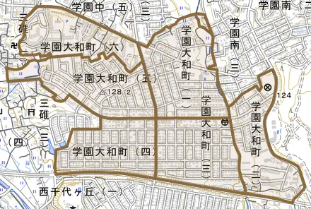 学園大和町とその周辺の地図。町の範囲を重ねている