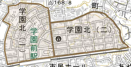 学園北とその周辺の地図。町の範囲を重ねている