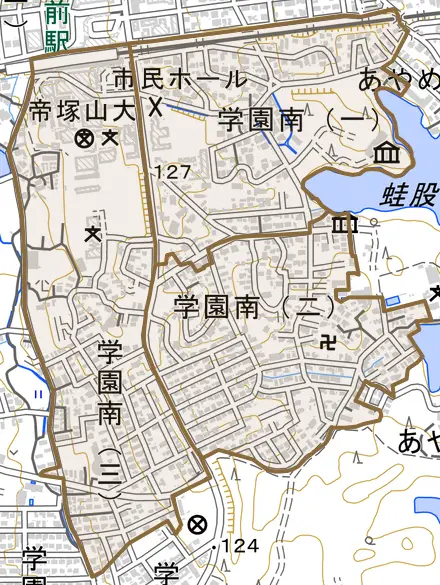 学園南とその周辺の地図。町の範囲を重ねている