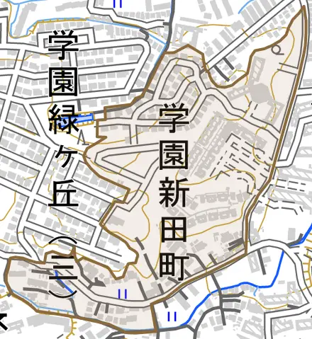 学園新田町とその周辺の地図。町の範囲を重ねている