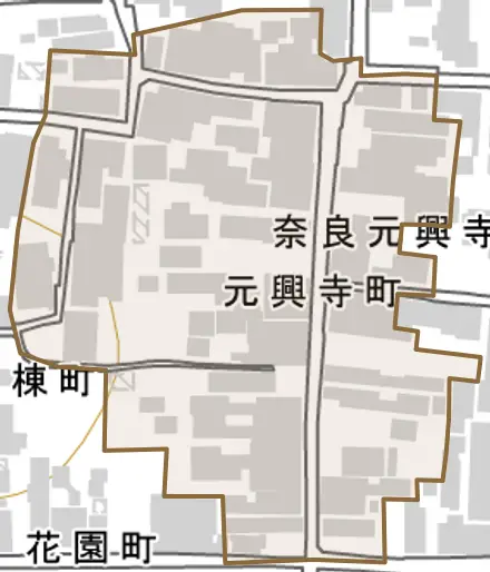 元興寺町とその周辺の地図。町の範囲を重ねている