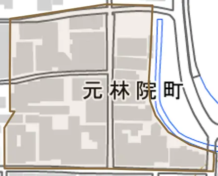 元林院町とその周辺の地図。町の範囲を重ねている