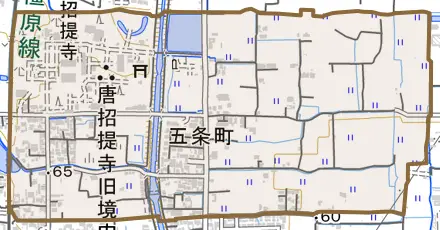 五条町とその周辺の地図。町の範囲を重ねている