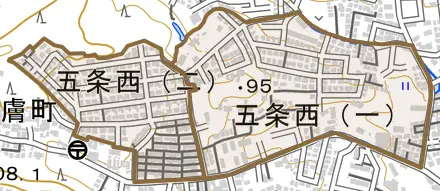 五条西とその周辺の地図。町の範囲を重ねている