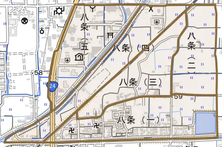 八条とその周辺の地図。町の範囲を重ねている