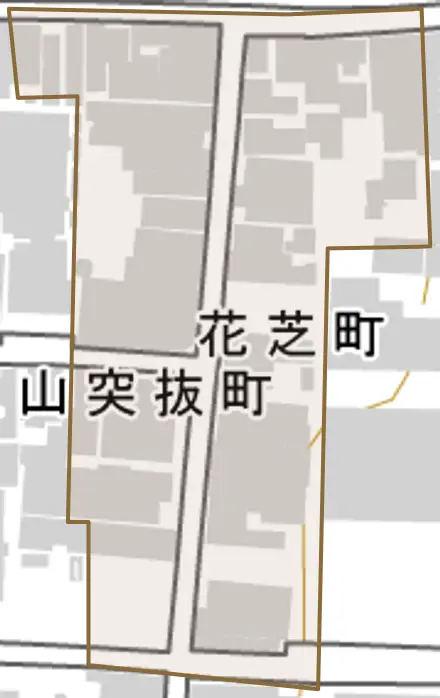 花芝町とその周辺の地図。町の範囲を重ねている