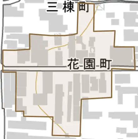 花園町とその周辺の地図。町の範囲を重ねている