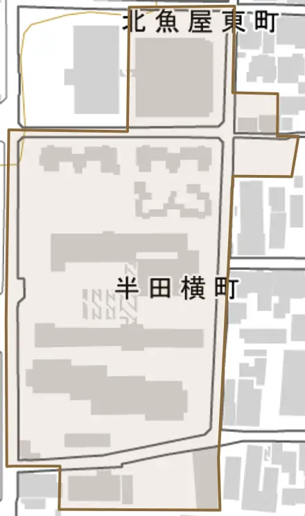 半田横町とその周辺の地図。町の範囲を重ねている