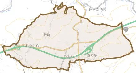 針町とその周辺の地図。町の範囲を重ねている
