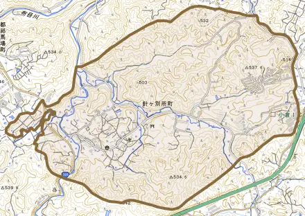 針ヶ別所町とその周辺の地図。町の範囲を重ねている