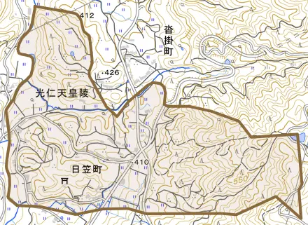日笠町とその周辺の地図。町の範囲を重ねている