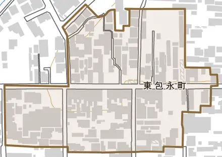 東包永町とその周辺の地図。町の範囲を重ねている