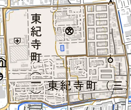 東紀寺町とその周辺の地図。町の範囲を重ねている