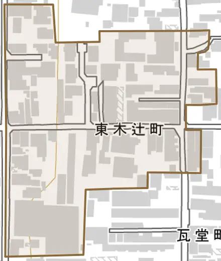 東木辻町とその周辺の地図。町の範囲を重ねている