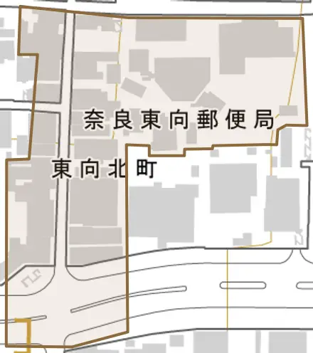 東向北町とその周辺の地図。町の範囲を重ねている