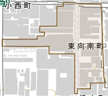 東向南町とその周辺の地図。町の範囲を重ねている