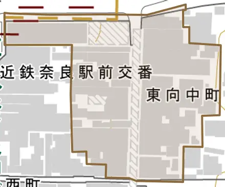 東向中町とその周辺の地図。町の範囲を重ねている
