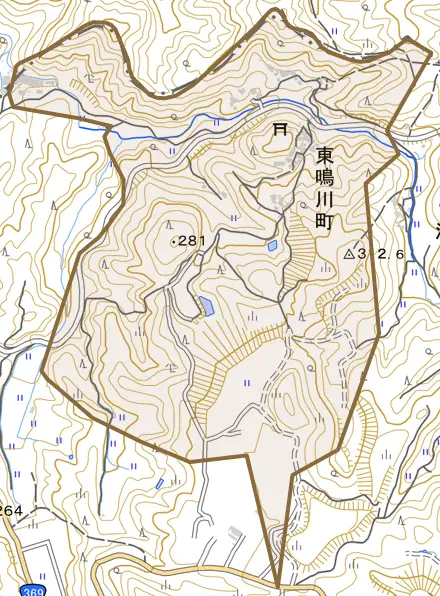 東鳴川町とその周辺の地図。町の範囲を重ねている