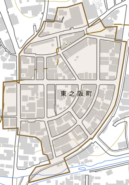 東之阪町とその周辺の地図。町の範囲を重ねている