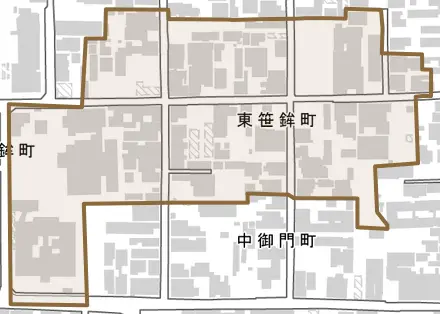 東笹鉾町とその周辺の地図。町の範囲を重ねている