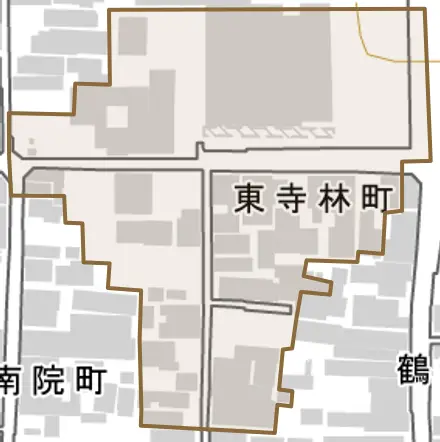 東寺林町とその周辺の地図。町の範囲を重ねている