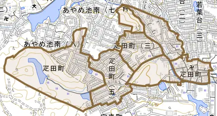 疋田町とその周辺の地図。町の範囲を重ねている