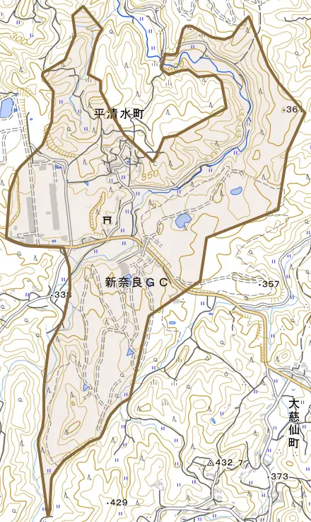 平清水町とその周辺の地図。町の範囲を重ねている