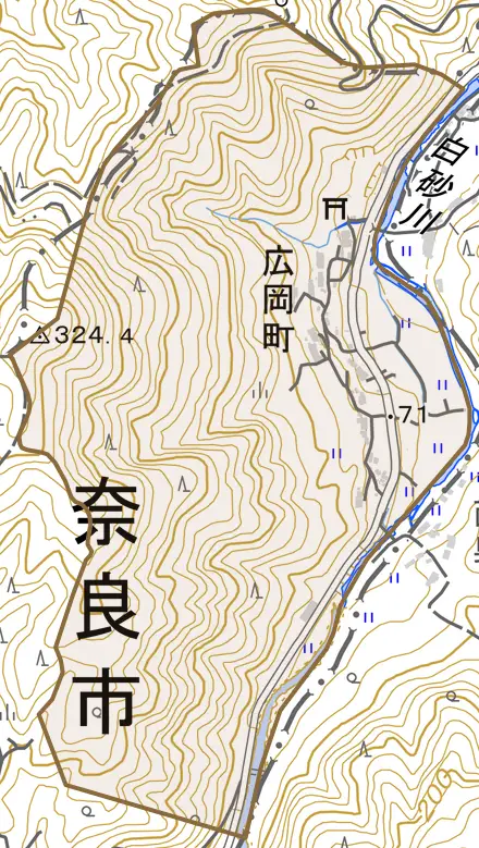 広岡町とその周辺の地図。町の範囲を重ねている