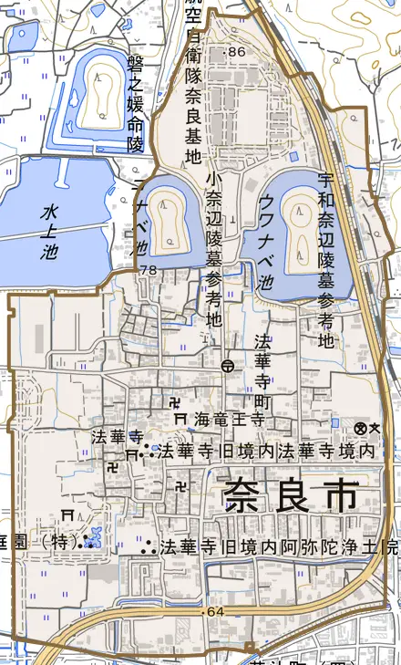 法華寺町とその周辺の地図。町の範囲を重ねている