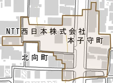 本子守町とその周辺の地図。町の範囲を重ねている