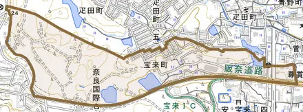 宝来町とその周辺の地図。町の範囲を重ねている
