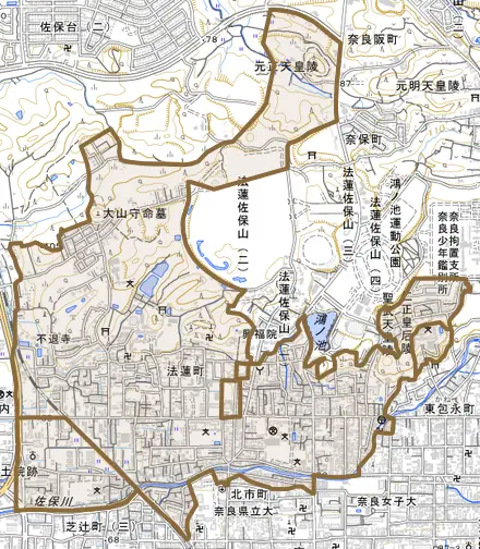 法蓮町とその周辺の地図。町の範囲を重ねている